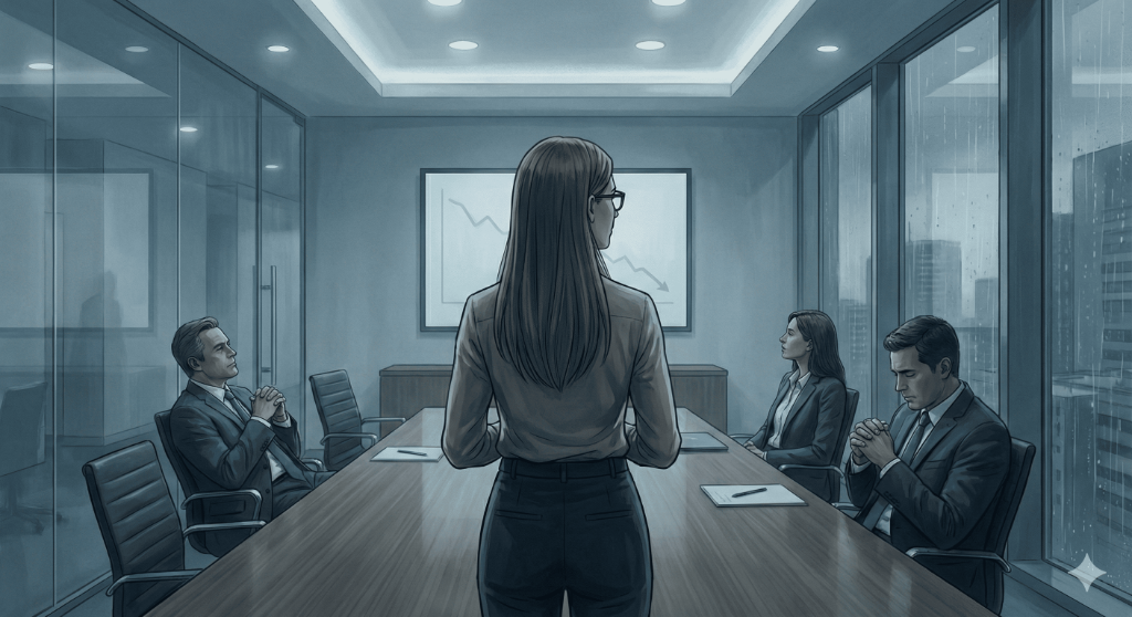 Momento de silencio en sala de reuniones después de presentar hallazgos difíciles de investigación UX