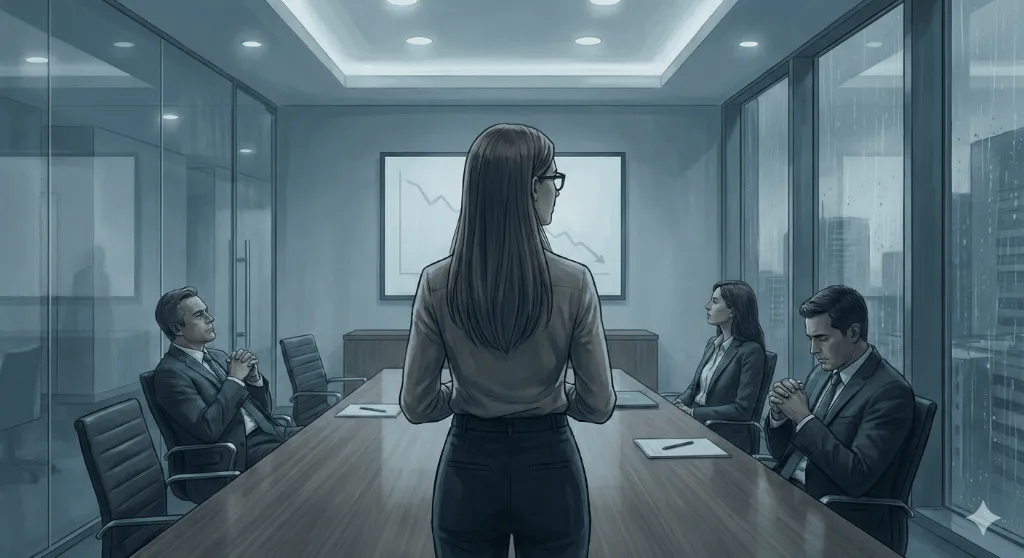 Momento de silencio en sala de reuniones después de presentar hallazgos difíciles de investigación UX