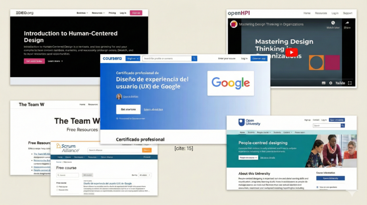 Screenshot of free course platforms like Coursera and OpenLearn for learning UX Research